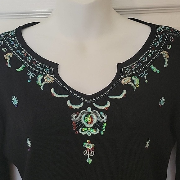 Vintage Joseph A. Petite blouse black embroidery 3/4 sleeve Women's M - Picture 2 of 9